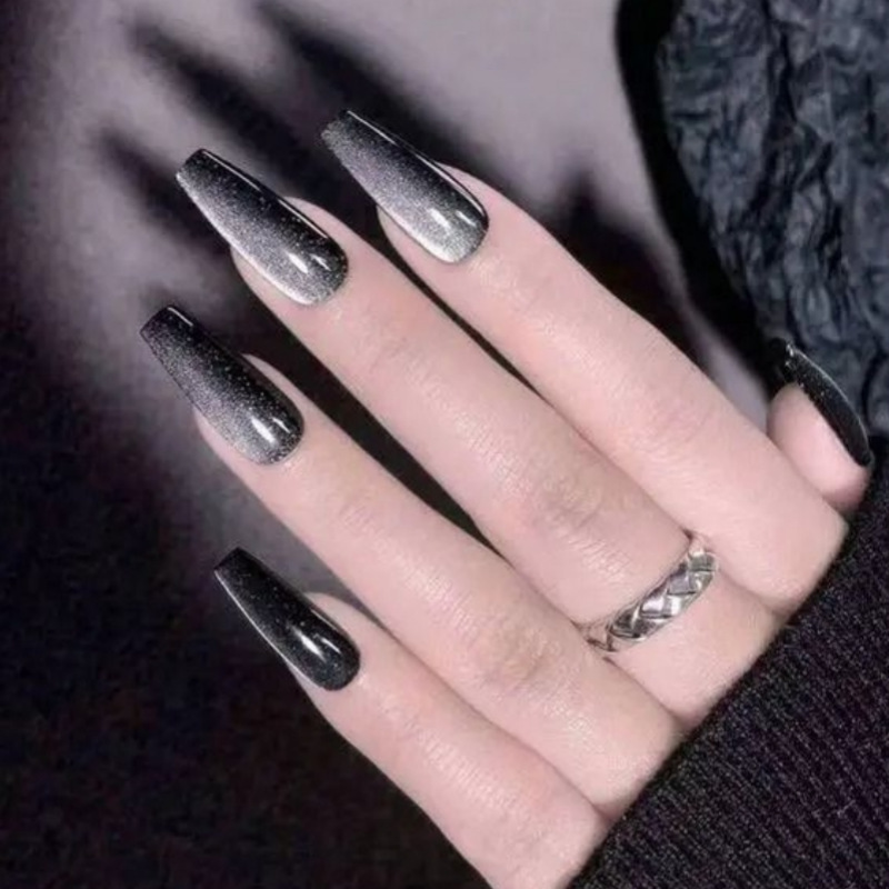 24-Piece Long Ballet Black Cat-Eye Wearable Nails, Long Coffin Nails, Cross-Border Ins Same Style, Suitable for European and American Daily Use 24-Piece Long Ballet Black Cat-Eye Wearable Nails, Long Coffin Nails, Cross-Border Ins Same Style, Suitable for European and American Daily Use