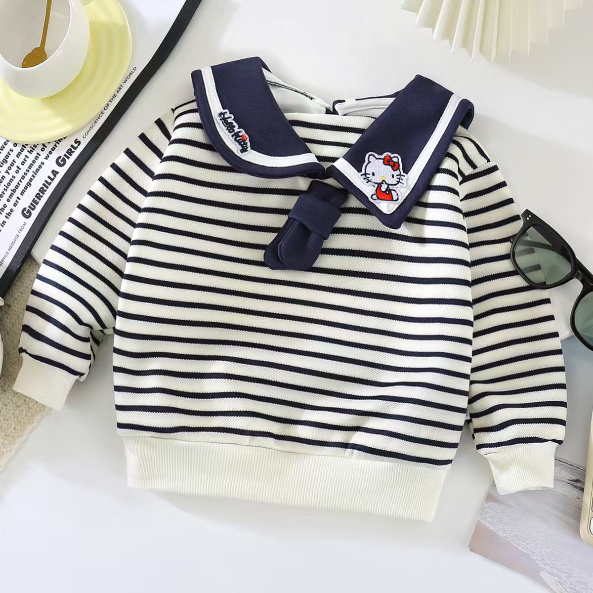 Girls' Autumn Long-Sleeved Navy Collar Striped Sweatshirt for Toddlers and Baby Girls' Sports Sweatshirt