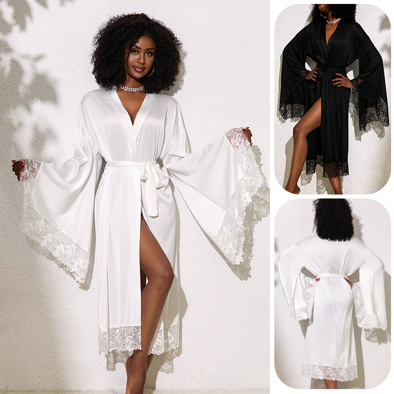 Satin Lace Splicing Large Bell-Sleeve Nightgown for Women, Long Lace-Up Bridal Dressing Gown, Home Bathrobe Wholesale 1273 Satin Lace Splicing Large Bell-Sleeve Nightgown for Women, Long Lace-Up Bridal Dressing Gown, Home Bathrobe Wholesale 1273