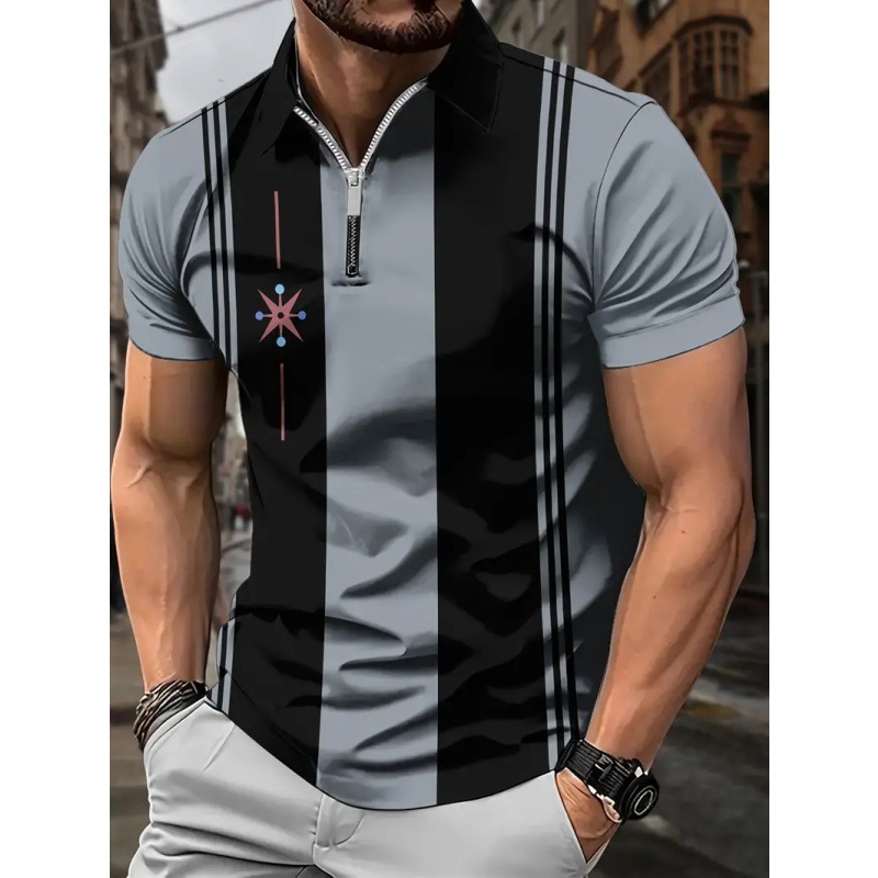 AliExpress Cross-border de los hombres de la calle principal de Europa y América, ancho de hombro, manga corta suelta, cremallera, camisa POLO, impresión a rayas 3D