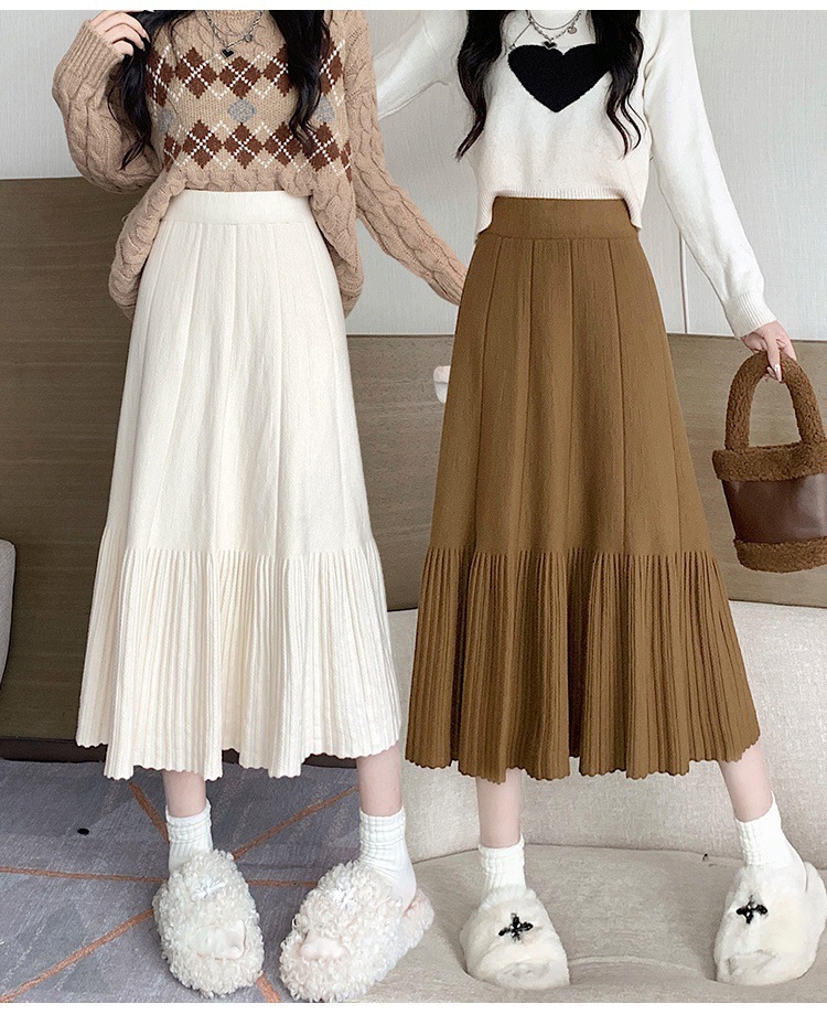 Pleated Knitted Skirt Women'S Autumn And Winter New Fashion High Waist Korean Version Casual And Thin Big Swing Skirt A-Shaped Skirt Umbrella Skirt 22 Undefined