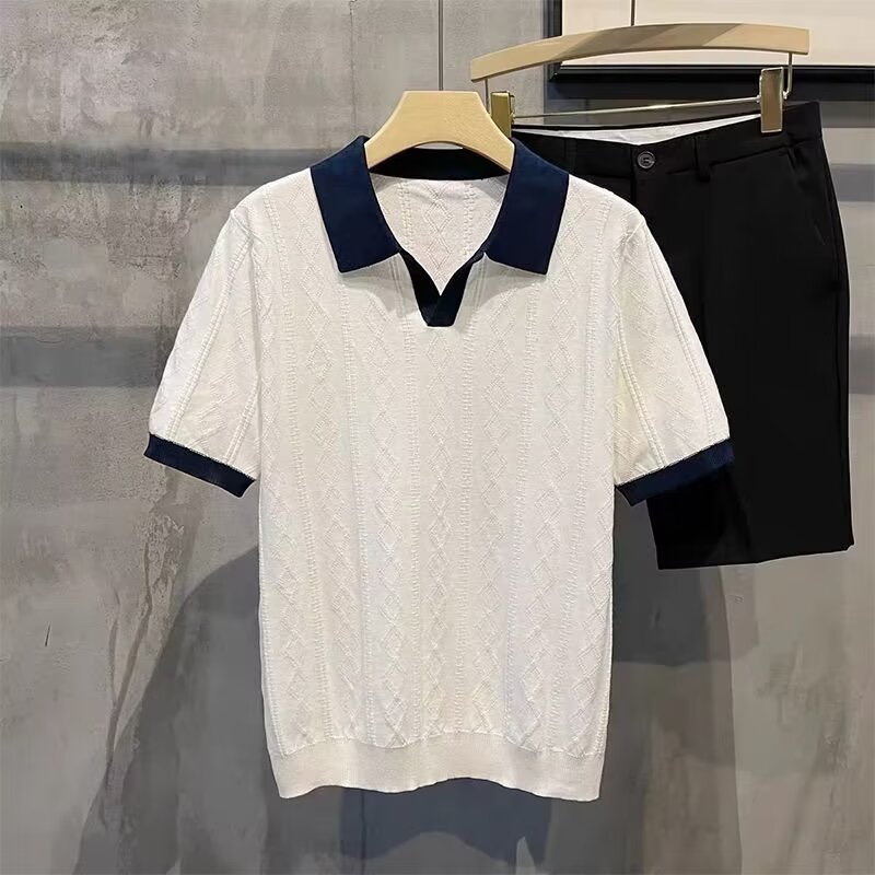 Polo camiseta de punto camiseta de manga corta hombre cuello en V cuello gaviota color de textura vieja camiseta de viento de verano fábrica transfronteriza al por mayor