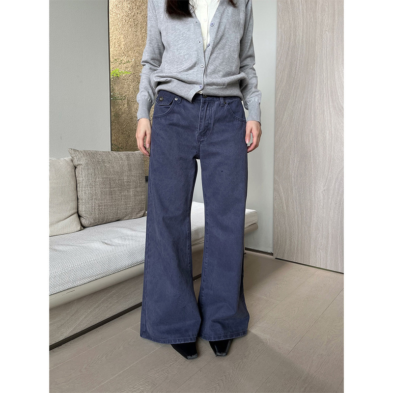 Yuyi retro blue loose-fitting, floor-length, slightly flared denim pants for women, autumn low-waist straight-leg wide-leg casual pants 6100