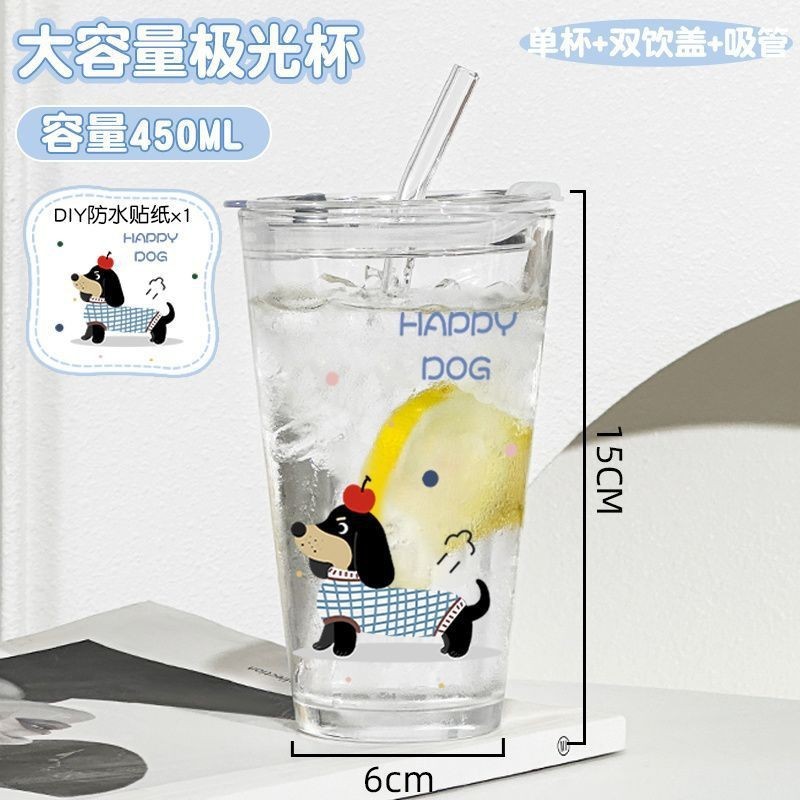小猫玻璃杯子带吸管简约透明可爱水杯带盖高颜值女生日礼物礼品杯|undefined