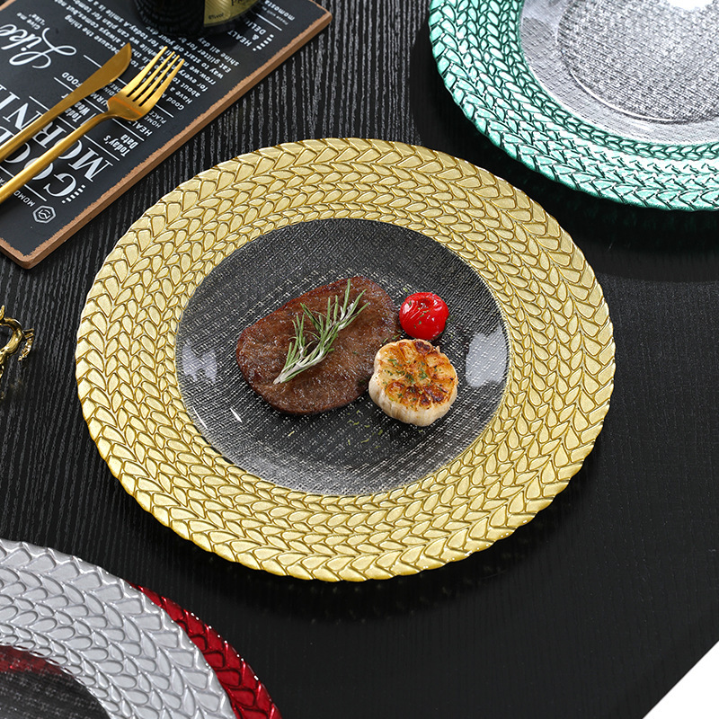 Manufacturer Wholesale 13'' Creative Glass Plate, Large Red Festive Plate, Wedding Banquet Plate with Wheat Ear Decoration on the Edge