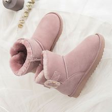 新款毛茸饰扣雪地靴平跟现货圆头日常中帮粉色低筒牛皮棉鞋