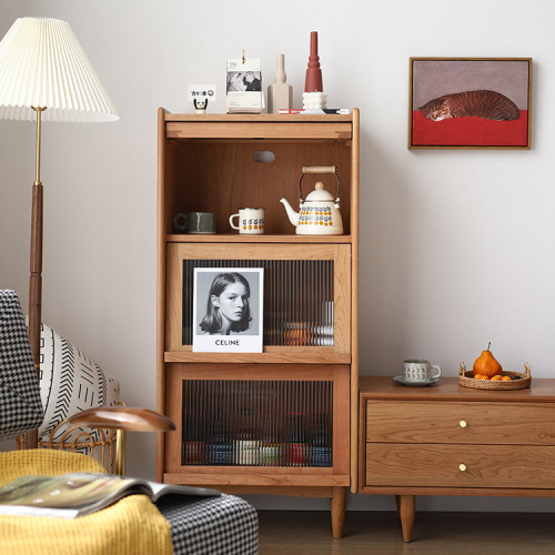 Nordic solid wood bookcase living room small apartment medieval cherry wood magazine cabinet floor-standing entrance cabinet multi-functional storage cabinet