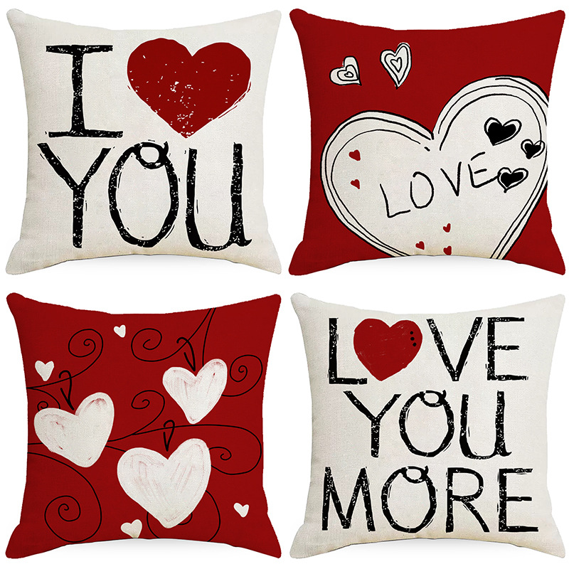 Valentine's Day Pillowcase Cross-Border Home Decor Red Heart Linen Cushion Sofa Decorative Pillow Home Heart Pattern