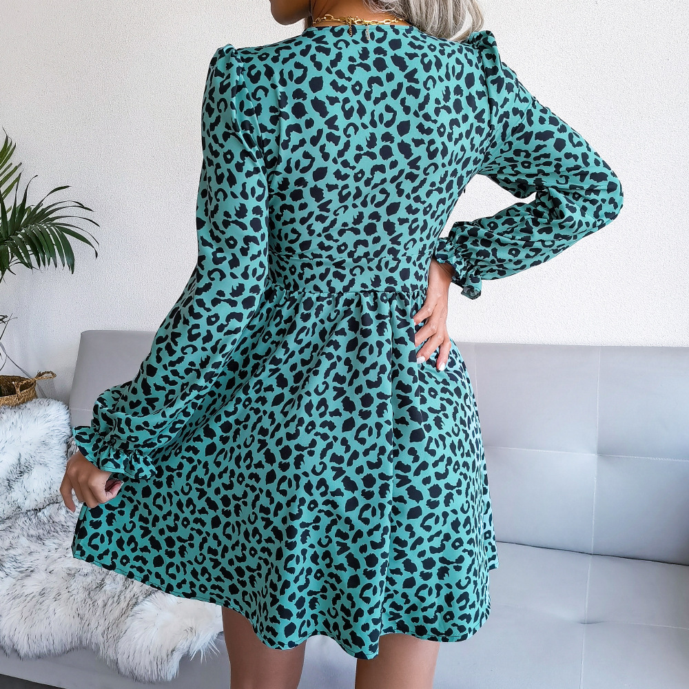 Vestido de manga larga con cuello en V y cintura delgada con estampado de leopardo NSBJ112124