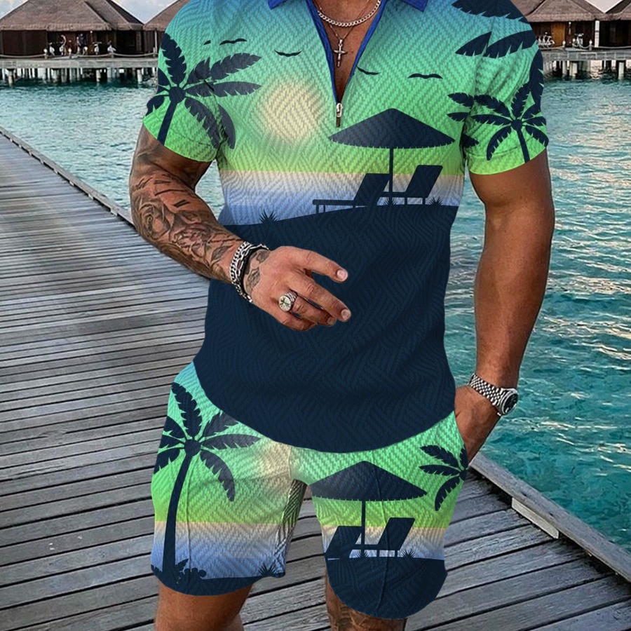 Летний новый модный повседневный костюм для мужчин: рубашка-поло с коротким рукавом и молнией, 3D цифровая печать, 2025