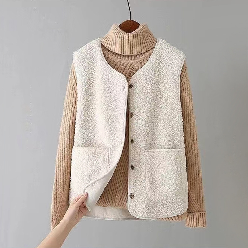 Women's Faux Shearling Vest - Lightweight Fleece-Lined Sleeveless Jacket For Fall Fashionable Temperament Fur One Piece Outerwear Vest Waistcoat_ecoleips.com