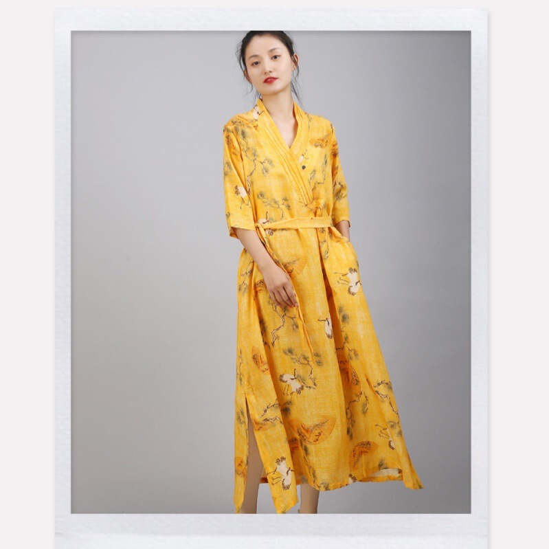 2022 Spring/Summer Women's Ramie Digital Print Long Loose V-Neck Dress Robe Wholesale Manufacturer