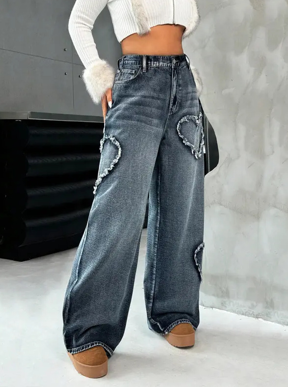 European And American Cross-Border Street Retro Heart Frayed Edge Patchwork Heavy Washed Denim Women's Loose Straight_ecoleips.com