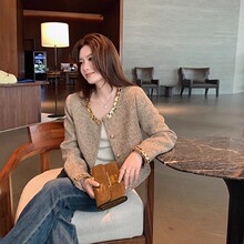 小香风春秋新款金色编织亮片羊毛呢短外套女圆领钉珠洋气短裙套装