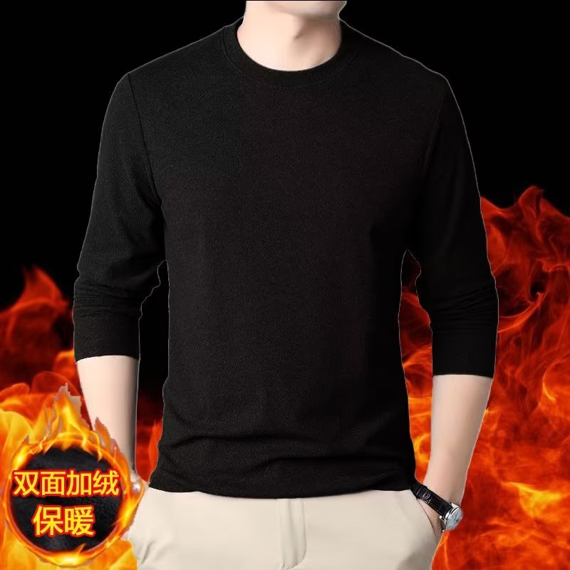 Origen Fabricante Calentador Ropa interior térmica Camiseta de camiseta para hombre Cuello redondo largo Otoño e invierno Camisa delgada de doble cara con base de terciopelo alemán