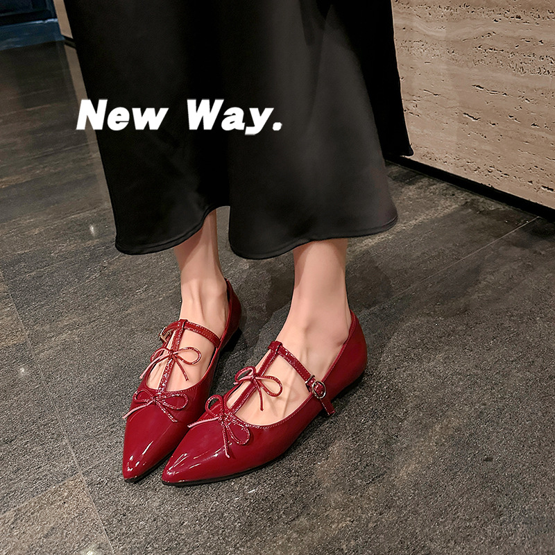 Zapatos Mary Jane planos de punta fina con doble lazo para mujer, ideales para fiestas, al mismo estilo para una noche elegante.