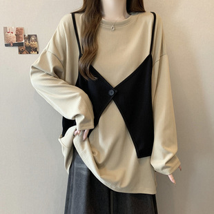 plus size Belly Covering Contrast Color Mid-length Fake Two-piece Top Women's Spring and Autumn Chubby Sister Loose Slimming Long-sleeved Base Shirt