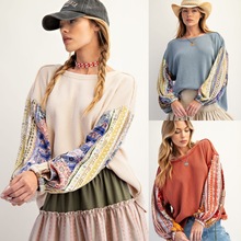 亚马逊25秋季新款跨境欧美女装华夫格印花拼接袖子长袖卫衣上衣女