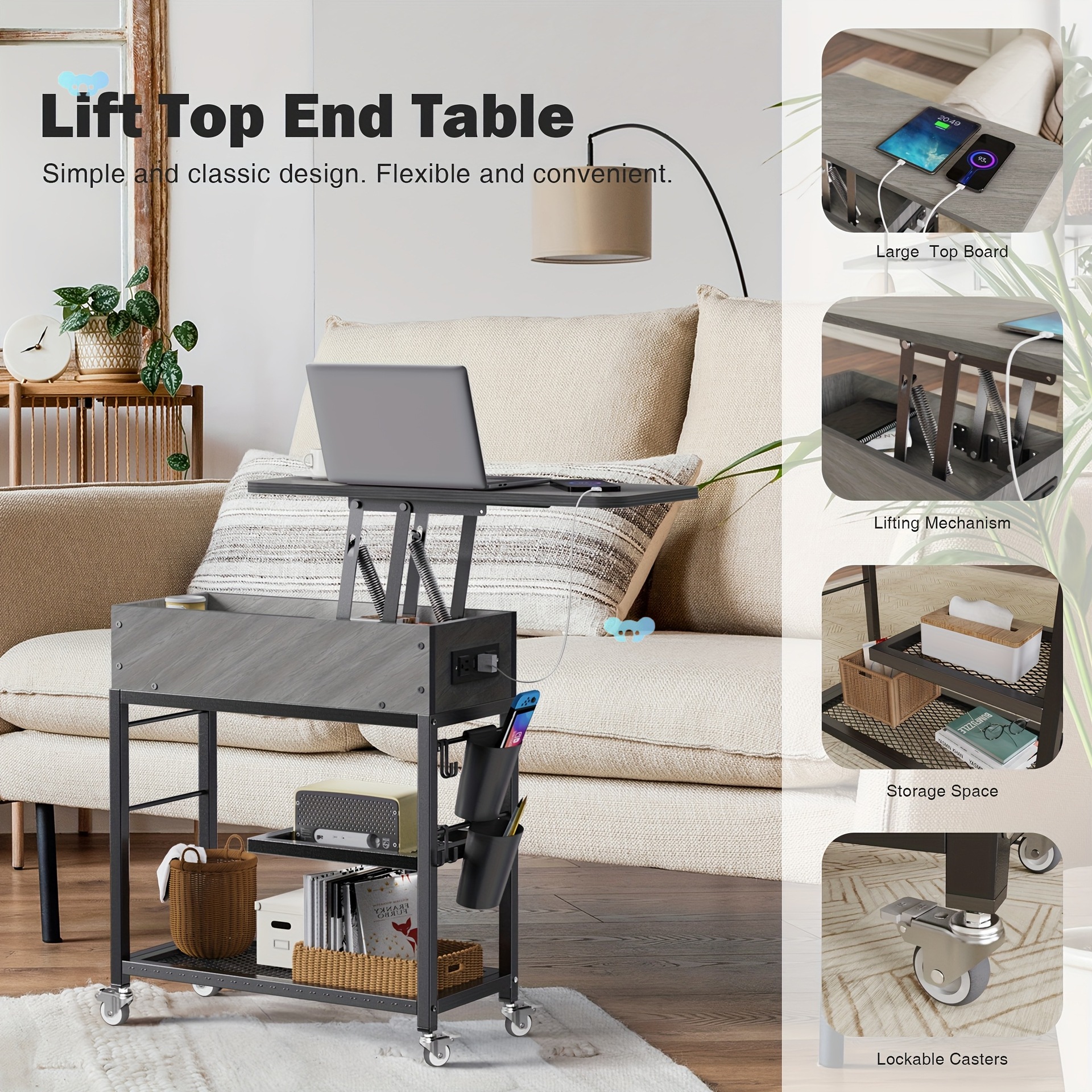 Lift Top End Table With Charging Station And Wheels Sofa跨境