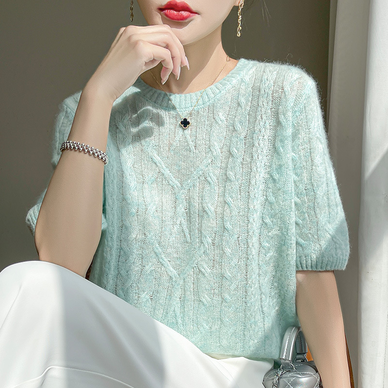 Loose Round Neck Short-Sleeved Cashmere Knitwear Mulberry Silk Women's Cut Out Knitwear Pink Knitwear 2025 Early Autumn New Style