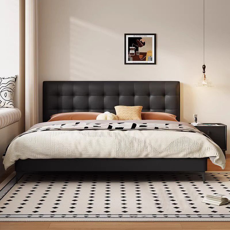 2025 New Model Adjustable Height Thin Headboard Bed for Small Apartments, Genuine Leather Bed, Simple Master and Guest Bedroom Bed, Minimalist Double Bed