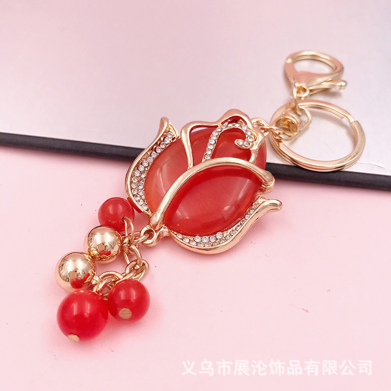 Creative Metal Rhinestone Cat's Eye Tulip Keychain Flower Plant Bag Pendant Keychain Holiday Gift