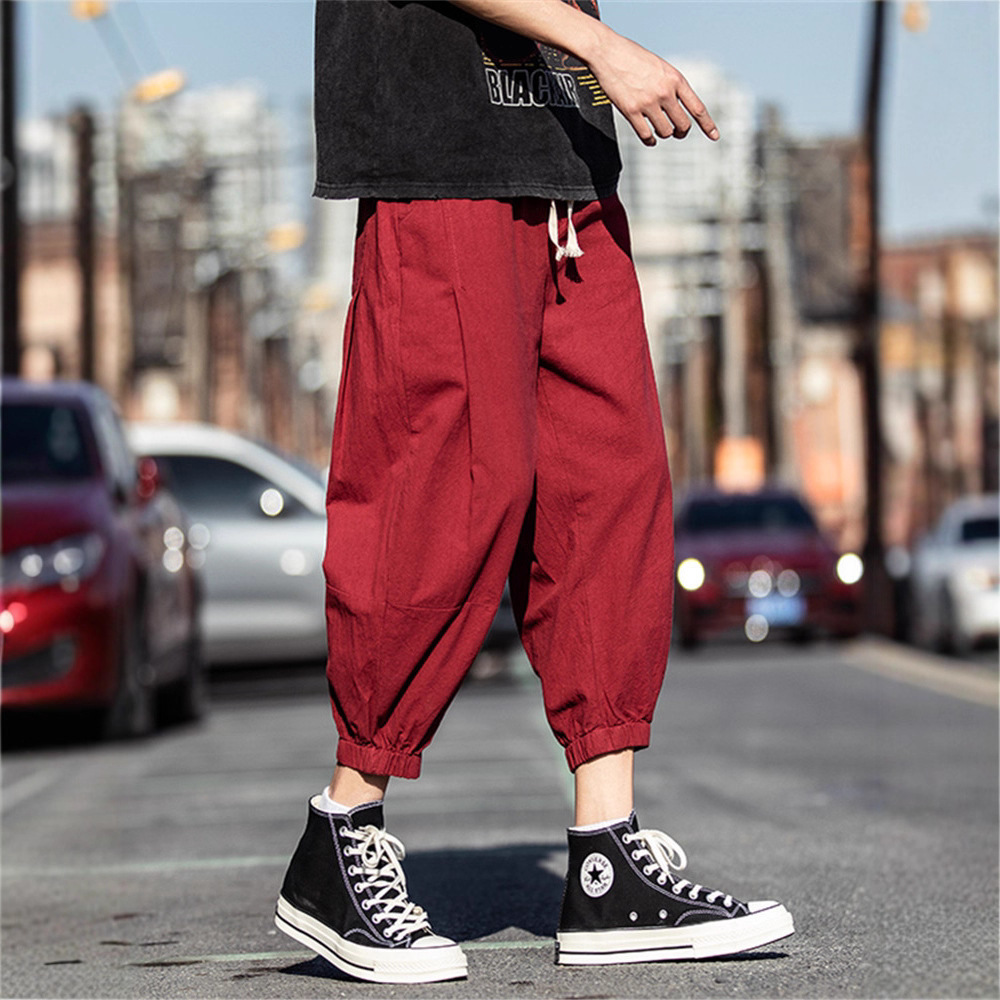 夏季薄款透气七分裤男棉麻复古亚麻裤夏束脚运动裤男士宽松阔腿裤