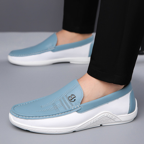 2025 Summer Leather Shoes Soft Leather Men's Shoes Soft Sole Men's Business Casual White Shoes British Fashion Slip-on Bean Shoes