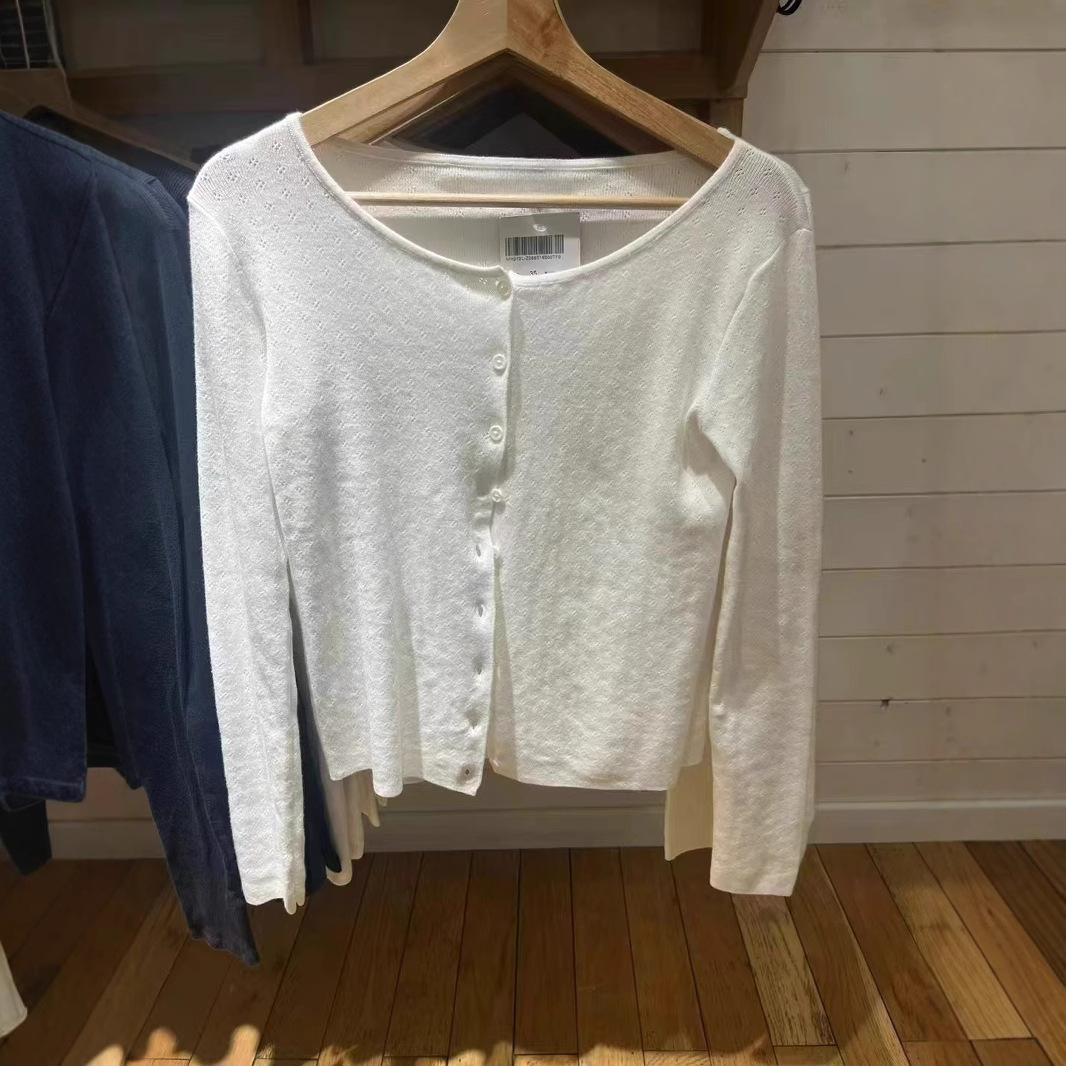 Bm Style White Eyelet Round Neck Button Thin Cardigan Jacket for Women Spring & Fall Thin Knitwear Cut Out Pure Desire Knitwear Trendy
