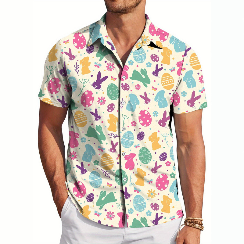Summer New Men's Easter Bunny Egg Print Short-Sleeved Shirt Casual Loose Hawaiian Beach Shirt Summer New Men's Easter Bunny Egg Print Short-Sleeved Shirt Casual Loose Hawaiian Beach Shirt