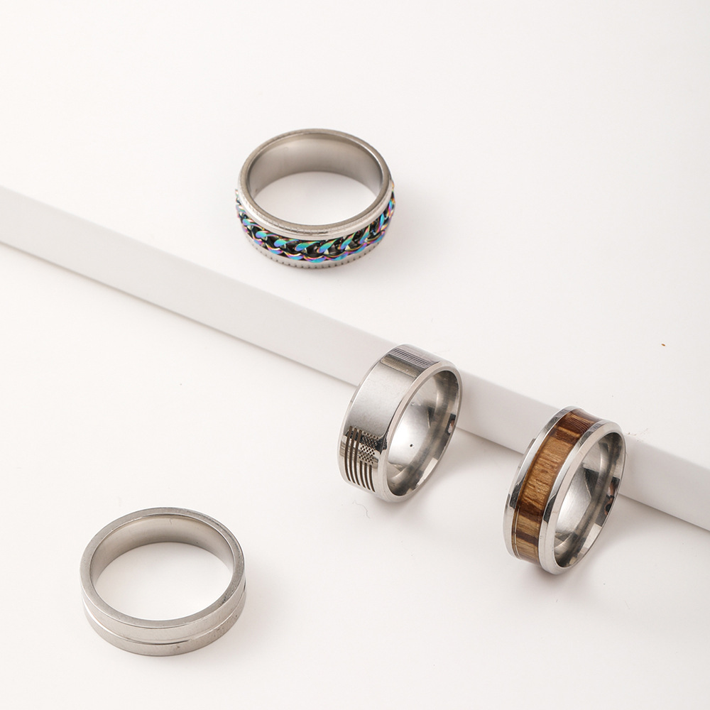 Stackable Men's Rings Set Stainless Steel Wood Grain Band Rings_voghion.com