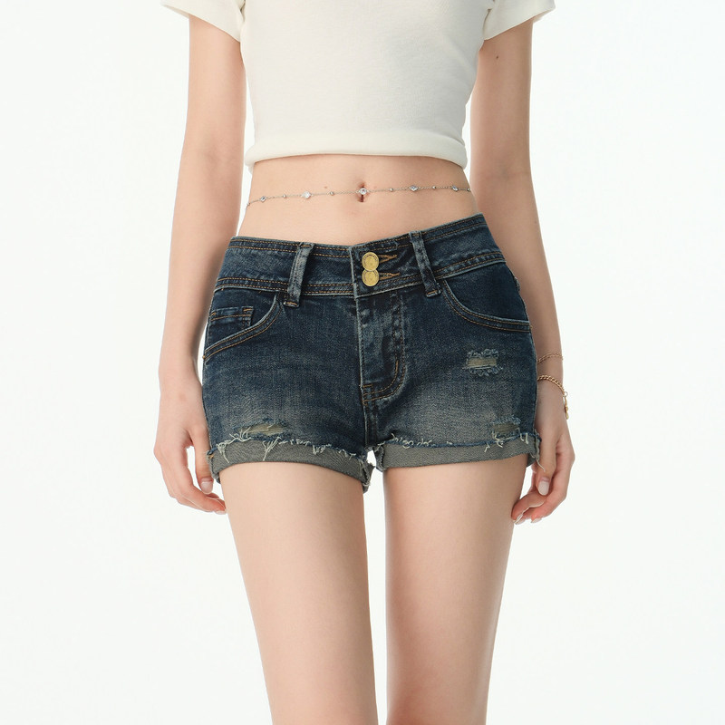 Retro Low-Waist Hot Girl Style Rolled Hem Denim Shorts for Women, Summer 2026 New Design, Distressed Elastic Hip-Hugging Hot Pants Retro Low-Waist Hot Girl Style Rolled Hem Denim Shorts for Women, Summer 2026 New Design, Distressed Elastic Hip-Hugging Hot Pants