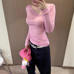 露麗風微透修身は腰を収めて痩せています。斜め肩のウールの上着の女性長袖tシャツ5305を取り外します。