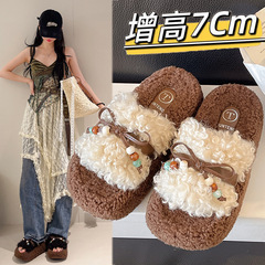 复古厚底增高毛毛拖鞋女外穿2025新款秋冬季超火毛茸茸棉拖鞋