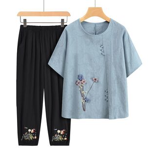 Middle-Aged and Elderly Mothers' Summer Chinese-Style Two-Piece Suit, Elderly Cotton Silk Embroidered Top, Thin New Chinese-Style Short-Sleeved T-Shirt