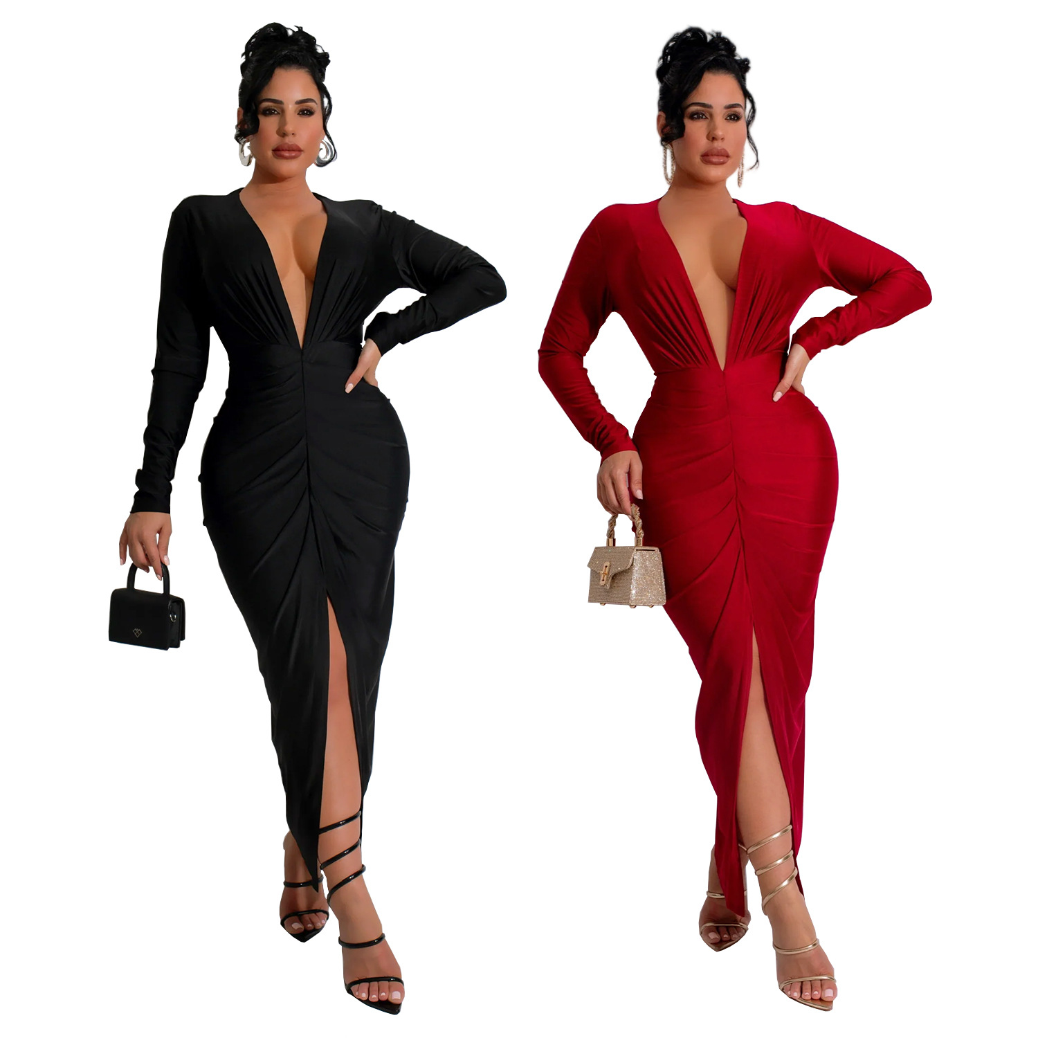 C7118 Aliexpress transfronterizo amazon moda europea y americana de mujer delgada V-collar bifurcado vestido de color sólido nuevo