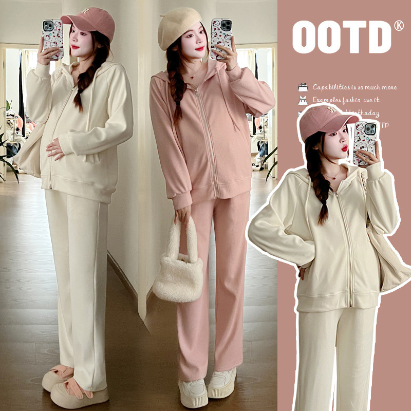 Maternity Wear Korean Style 2025 Autumn and Winter Fashionable Style Hooded Sweatshirt Lazy Style Knitted Cardigan Maternity Suit Maternity Wear Korean Style 2025 Autumn and Winter Fashionable Style Hooded Sweatshirt Lazy Style Knitted Cardigan Maternity Suit