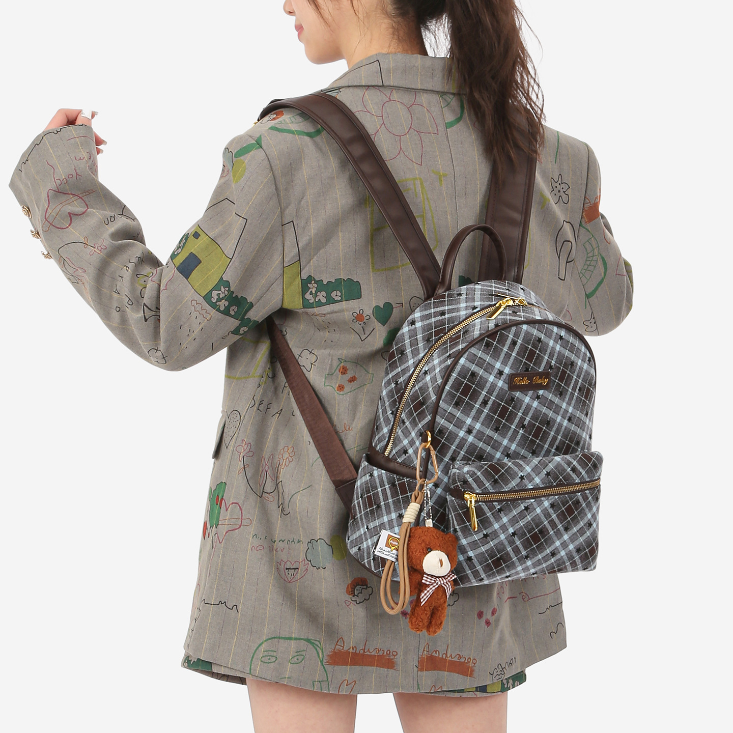 Mochila de estilo universitario de escuela secundaria modesta a cuadrícula empalmada linda pequeña estrella mochila de viaje al trabajo mochila de mujer