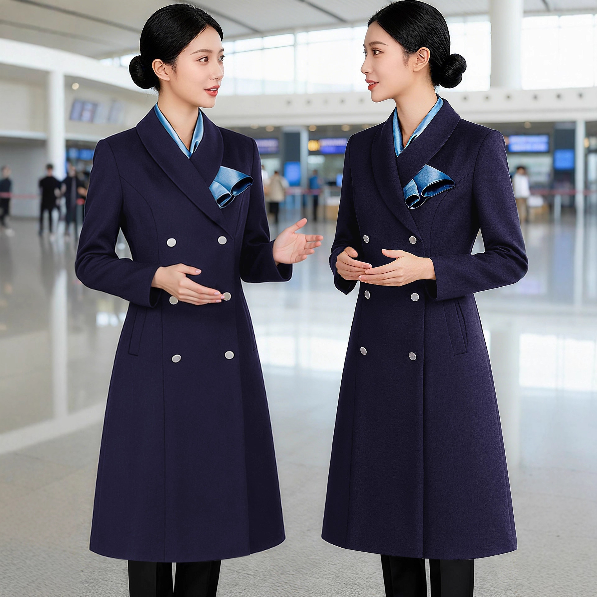 藏蓝色羊毛大衣女冬季新款珠宝店导购工作服前台职业加厚毛呢外套
