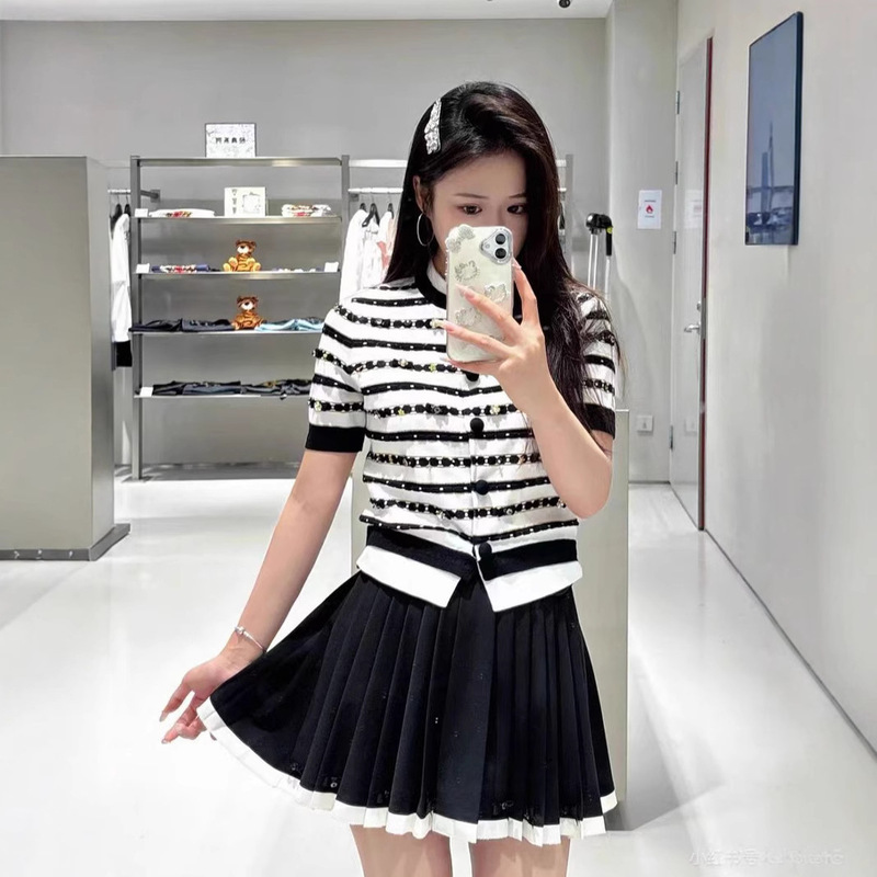 The Same Style as the Mall 2025 Summer New Fashion Bow Striped Stitching Contrasting Short-Sleeved Knitted Cardigan for Women