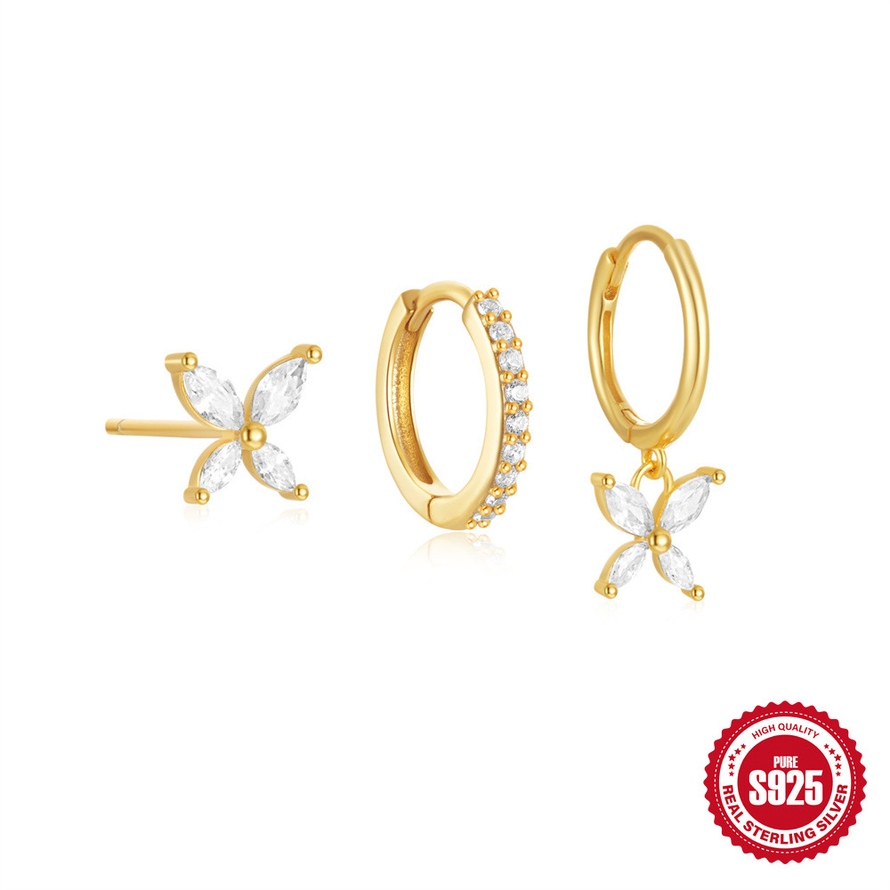 Nueva plata de ley s925, pequeña, fresca y romántica, estrella del bosque, luna, pendientes de estrella de cuatro puntas, pendientes simples de nicho femenino