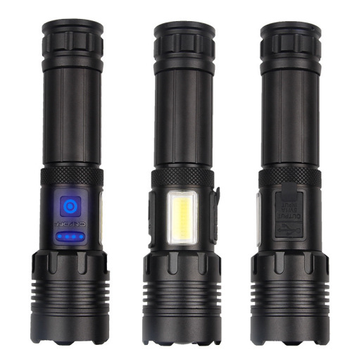 Cross-border exclusive P70 flashlight COB side light telescopic zoom ultra-bright searchlight outdoor portable bright flashlight