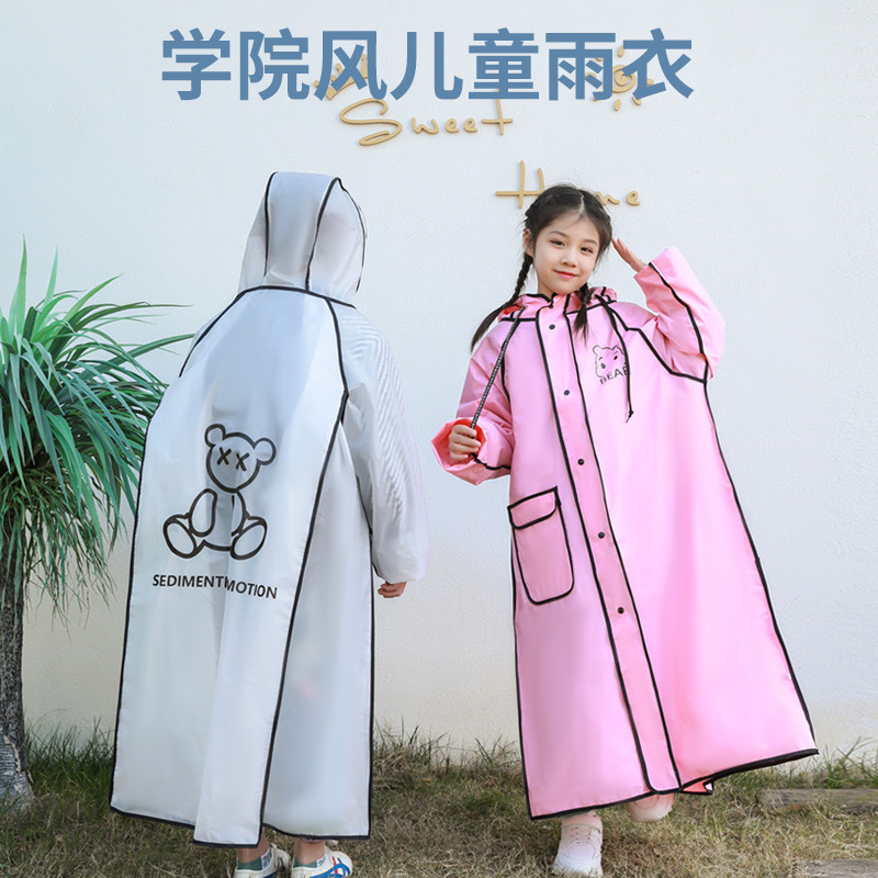 eva children's raincoat wholesale with schoolbag for boys and girls double brim long Portable Primary School students transparent poncho