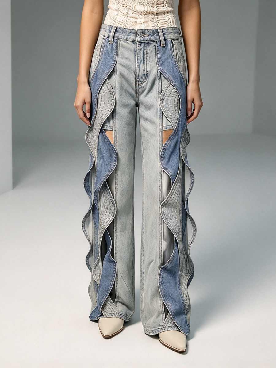 Jeans casuales de moda 2026 en stock, nuevo diseño de nicho, con bloques de color, cintura alta retorcida, pierna recta y efecto adelgazante
