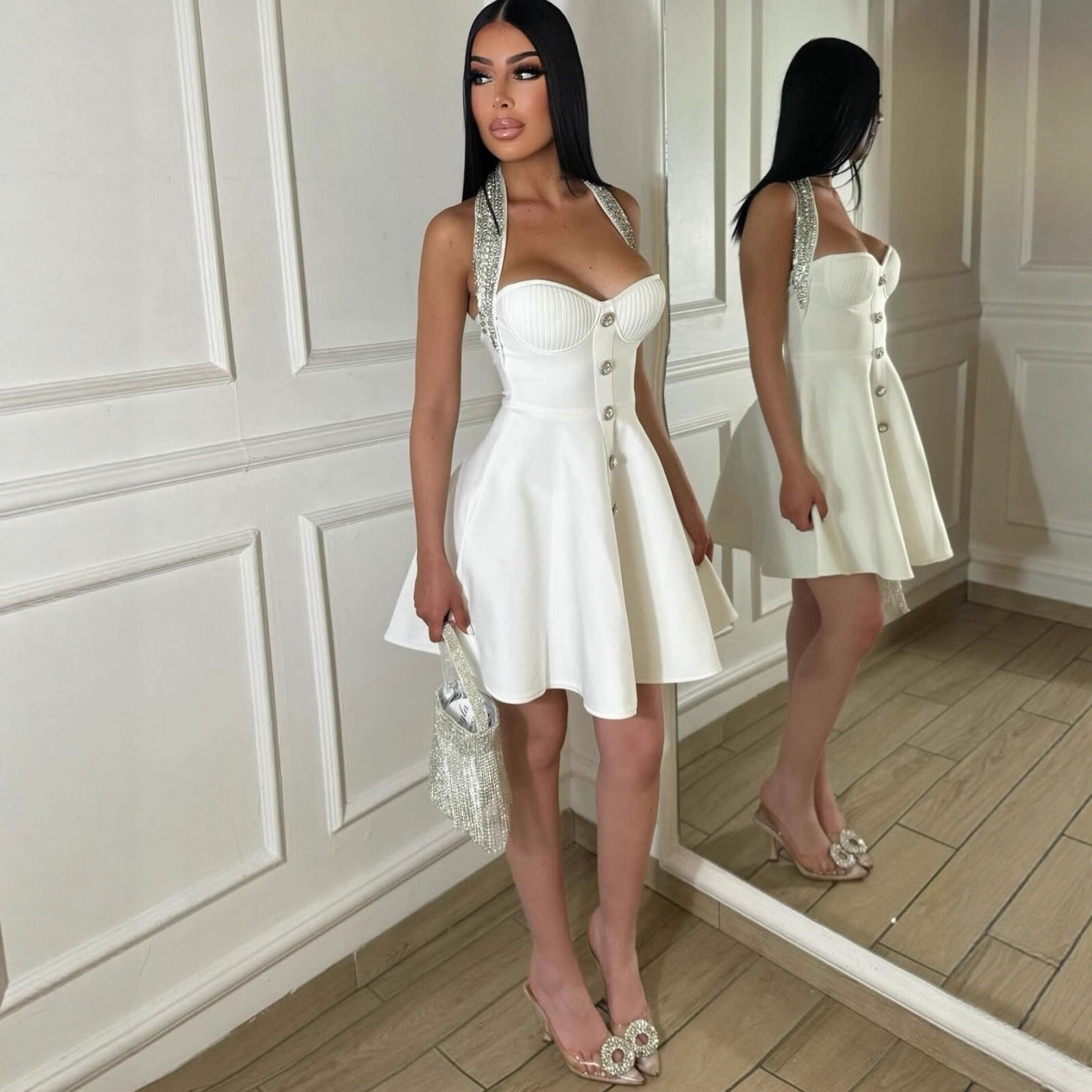 Cross-Border Export Summer High Street Bandage Dress Rhinestone Halterneck Single-Breasted A-Line Skirt Birthday Party Dress