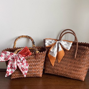 J8 Internet Celebrity Straw Bag French Retro Bamboo Handle Vegetable Basket Bag Tote Bag Handwoven Bag Gift G3