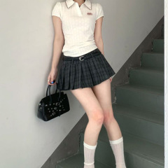 学院风辣妹POLO领白色短袖上衣女夏季新款高腰显瘦短半身裙套装