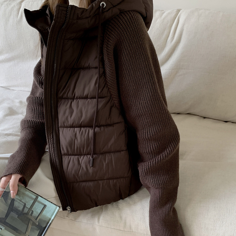 轻薄针织拼接棉服女短款连帽韩版2025冬季新款韩版棉衣棉袄外套|undefined