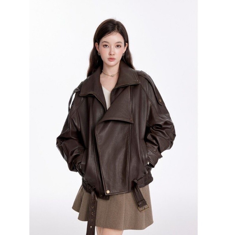 Korean-style retro design, heavy-duty leather jacket, Hong Kong-style functional windbreaker, loose-fitting motorcycle jacket with wide sleeves for women Korean-style retro design, heavy-duty leather jacket, Hong Kong-style functional windbreaker, loose-fitting motorcycle jacket with wide sleeves for women