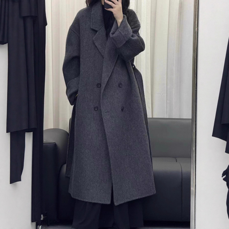 2025 New Autumn and Winter Long Double-Sided Wool Outwear for Women Korean Style Double-Breasted Belt Loose Thickeneded Woolen Outwear